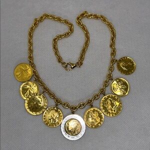 NWOT Bellezza Italia Gold Plated Stainless Steel Italian Lire Coin Necklace